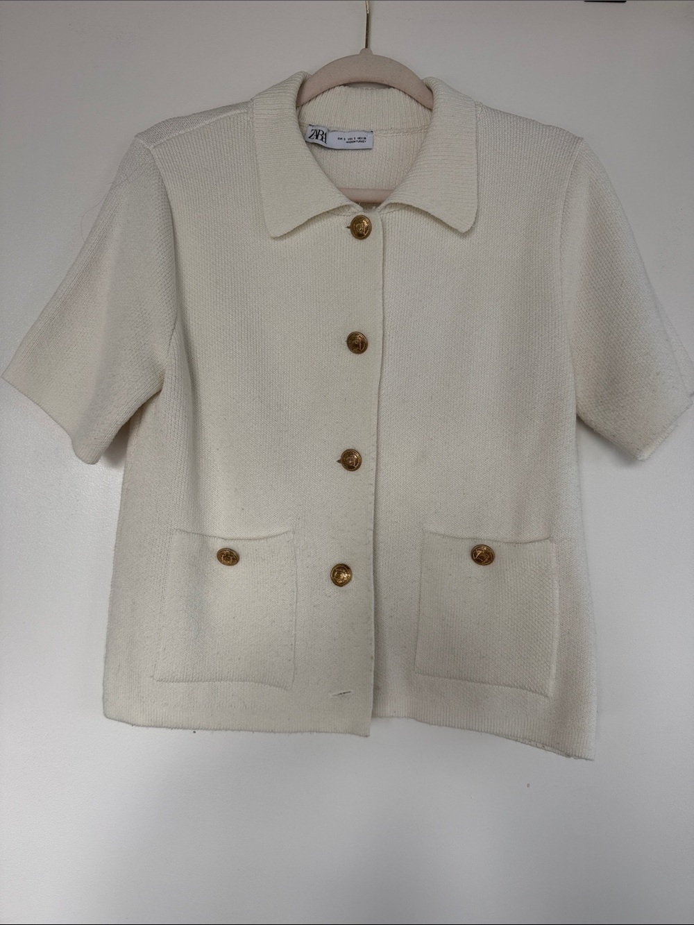 Zara Cream Short-Sleeve Knit Blazer with Gold Buttons